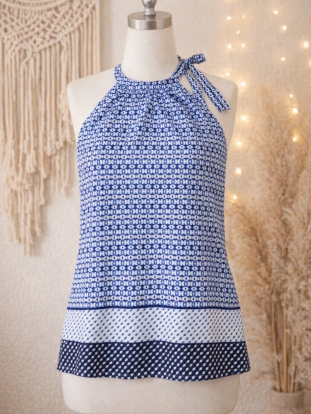 The Limited Tie-Neck Halter Top M Blue Geometric Y2K Summer Capsule Resort Boho